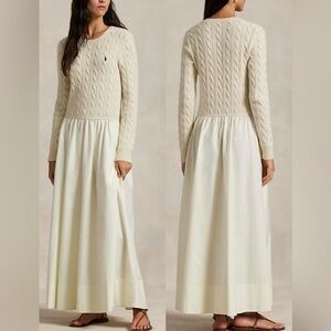 NEW Polo Ralph Lauren Cable-Knit Mixed-Media Midi- Cream Dress Sz S